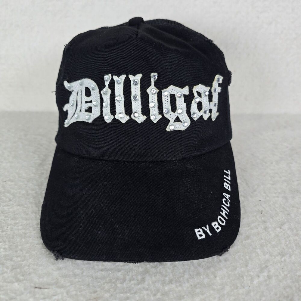 DILLIGAF by Bohica Bill Truckers Black Baseball Cap Embroidered Rhinestone Logo